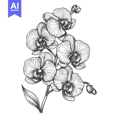 Aset desain premium: Hand-Drawn Black and White Illustration of a Blooming Orchid