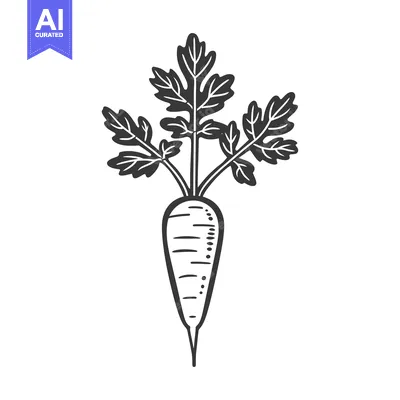 Premium design asset: Hand-drawn black and white illustration of a carrot with leafy greens