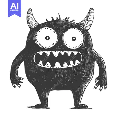 Popular premium asset: Hand-drawn black and white illustration of a cartoon monster with horn