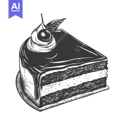 Aset desain premium: Hand-drawn black and white illustration of a chocolate cake slice with
