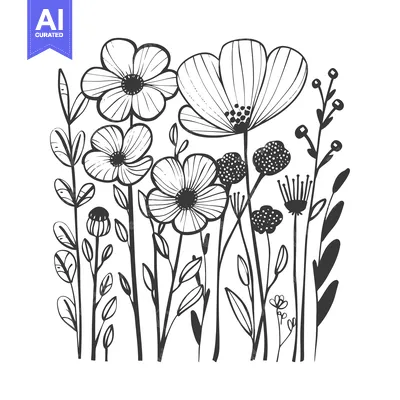 Aset premium populer: Hand-drawn black and white illustration of a cluster of flowers and le