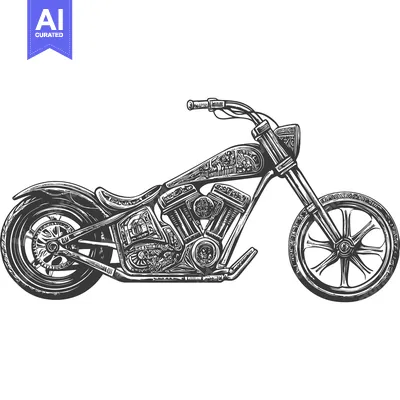 Aset premium populer: Hand-Drawn Black and White Illustration of a Custom Chopper Motorcycle