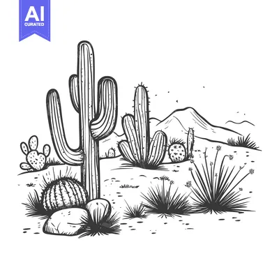 Aset desain premium: Hand-drawn black and white illustration of a desert landscape with var