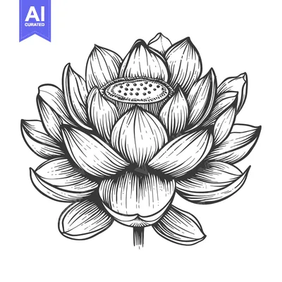 Aset premium populer: Hand-Drawn Black and White Illustration of a Detailed Lotus Flower