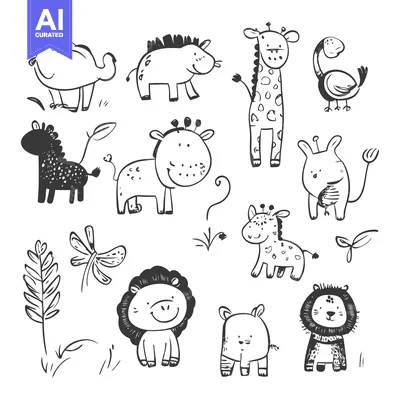 Premium design asset: Hand-drawn Black and White Illustration of Adorable African Animals