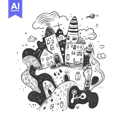 Premium design asset: Hand-Drawn Black and White Illustration of a Fantastical Town