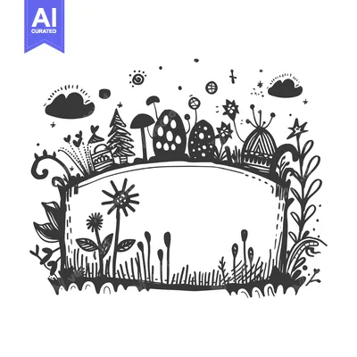 Aset desain premium: Hand-Drawn Black and White Illustration of a Fantasy Landscape with a
