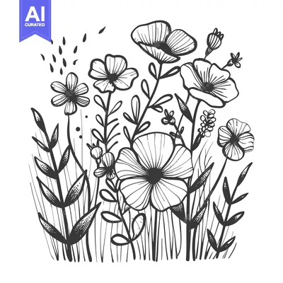 Popular premium asset: Hand-Drawn Black and White Illustration of a Field of Flowers