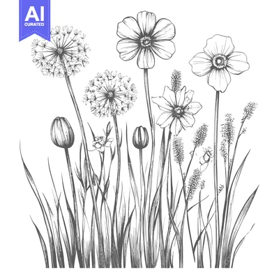Aset premium populer: Hand-drawn black and white illustration of a field of wildflowers with