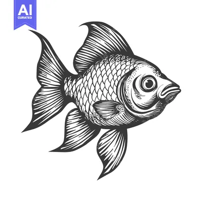 Aset premium populer: Hand-Drawn Black and White Illustration of a Fish with Scaled Body and