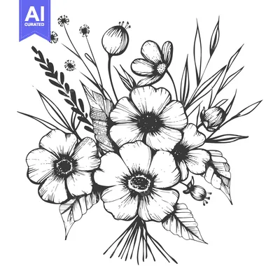 Aset desain premium: Hand-drawn black and white illustration of a floral bouquet