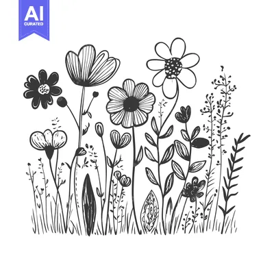 Aset desain premium: Hand-drawn Black and White Illustration of a Floral Meadow with Variou