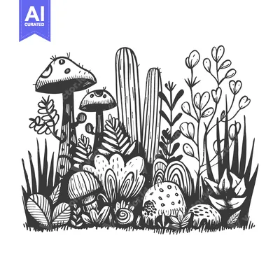 Aset premium populer: Hand-Drawn Black and White Illustration of a Forest Scene with Mushroo