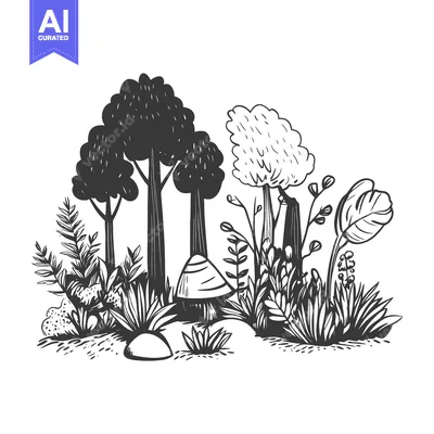 Aset premium populer: Hand-drawn Black and White Illustration of a Forest Scene with Trees,