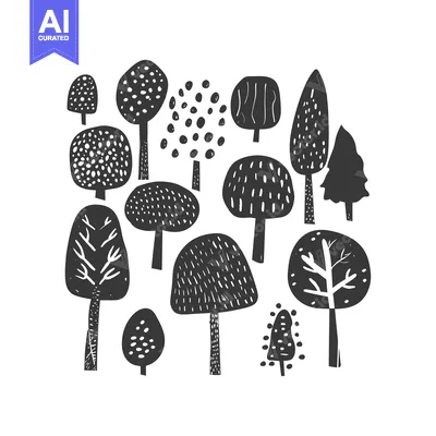 Aset premium populer: Hand-drawn Black and White Illustration of a Forest with Different Tre