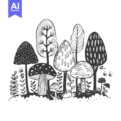 Premium design asset: Hand-Drawn Black and White Illustration of a Forest with Mushrooms and