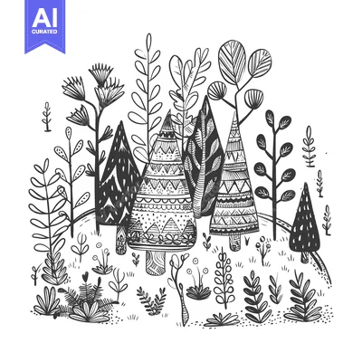 Aset premium populer: Hand-Drawn Black and White Illustration of a Forest with Ornate Trees