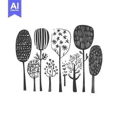 Premium design asset: Hand-Drawn Black and White Illustration of a Forest with Seven Unique