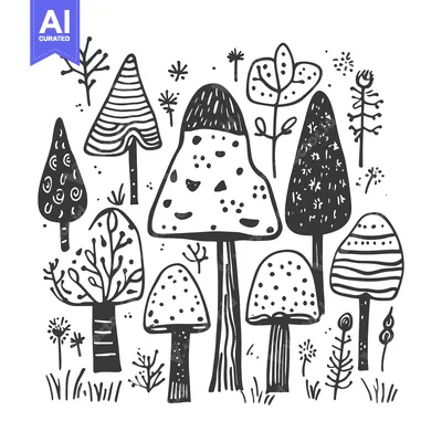 Aset desain premium: Hand-drawn Black and White Illustration of a Forest with Trees and Mus