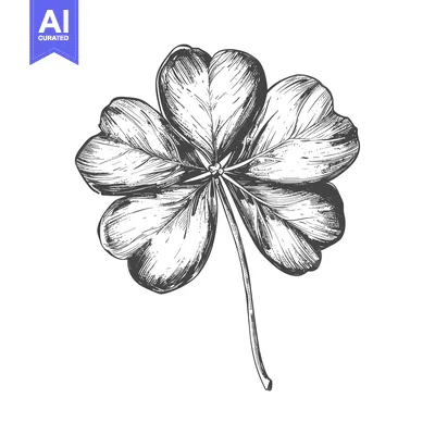 Aset desain premium: Hand-Drawn Black and White Illustration of a Four-Leaf Clover