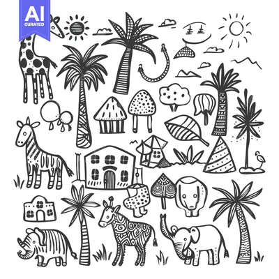Premium design asset: Hand-drawn black and white illustration of African animals, plants, an