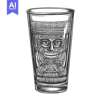 Aset desain premium: Hand Drawn Black and White Illustration of a Glass with a Mayan Mask D