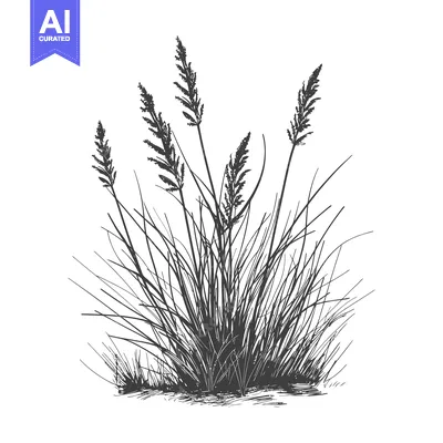 Aset desain premium: Hand-Drawn Black and White Illustration of a Grassy Plant with Tall Bl