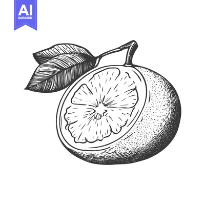 Hand-Drawn Black and White Illustration of a Halved Orange with a Leaf