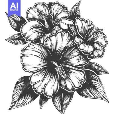 Aset desain premium: Hand-drawn Black and White Illustration of a Hibiscus Flower Bunch