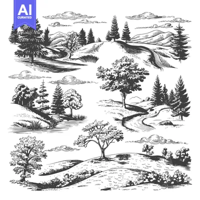 Hand-Drawn Black and White Illustration of a Landscape with Trees and