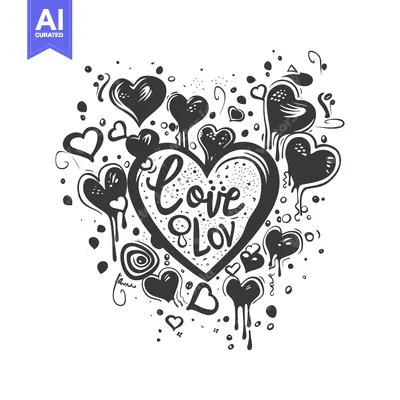 Hand-drawn black and white illustration of a large heart with the word