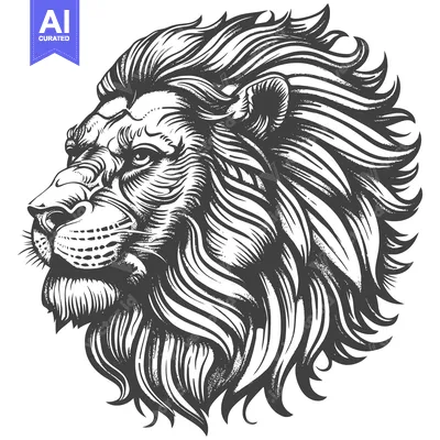 Aset desain premium: Hand-Drawn Black and White Illustration of a Lion's Head in Profile