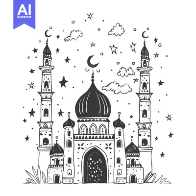Aset premium populer: Hand-drawn black and white illustration of a mosque under a starry sky