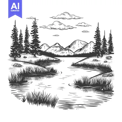 Premium design asset: Hand-drawn black and white illustration of a mountain lake surrounded