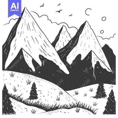 Aset desain premium: Hand-Drawn Black and White Illustration of a Mountain Range with Trees