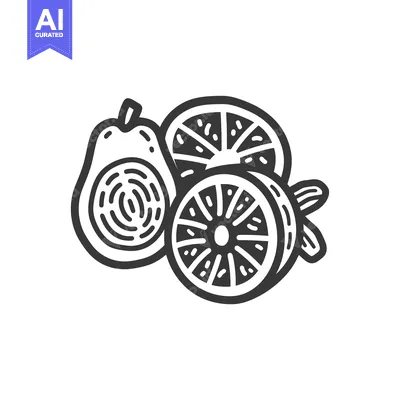 Aset premium populer: Hand-drawn black and white illustration of an avocado and two orange s
