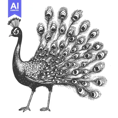Aset desain premium: Hand-Drawn Black and White Illustration of a Peacock with Spread Tail