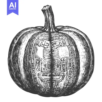 Aset desain premium: Hand-Drawn Black and White Illustration of a Pumpkin with Carved Mayan