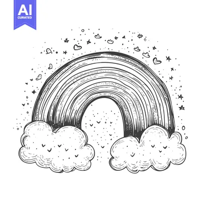 Popular premium asset: Hand-drawn black and white illustration of a rainbow with clouds and s