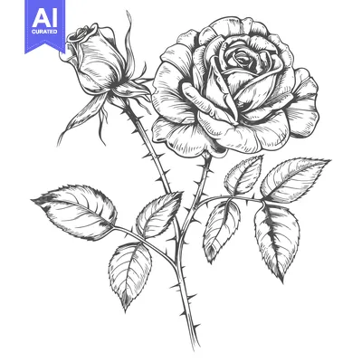 Aset desain premium: Hand-Drawn Black and White Illustration of a Rose with Thorns
