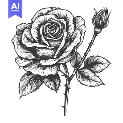 Aset desain premium: Hand-Drawn Black and White Illustration of a Single Rose with a Bud