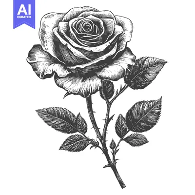 Aset desain premium: Hand-Drawn Black and White Illustration of a Single Rose with Leaves a