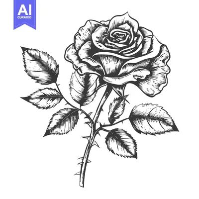 Aset premium populer: Hand-Drawn Black and White Illustration of a Single Rose with Thorns a