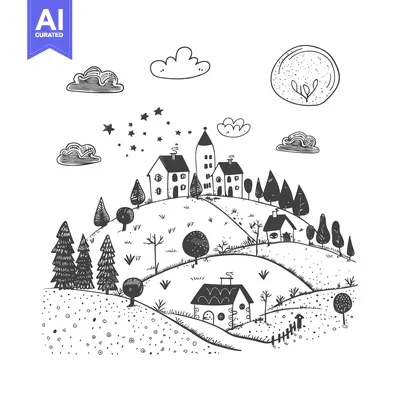 Aset premium populer: Hand-Drawn Black and White Illustration of a Small Village on a Hillsi