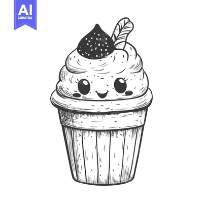 Aset desain premium: Hand-Drawn Black and White Illustration of a Smiling Cupcake with a Ch