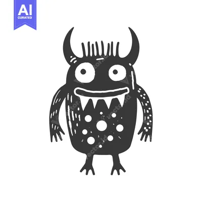 Aset premium populer: Hand-drawn black and white illustration of a smiling monster with horn