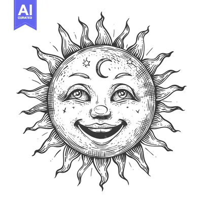 Aset premium populer: Hand-Drawn Black and White Illustration of a Smiling Sun with a Cresce