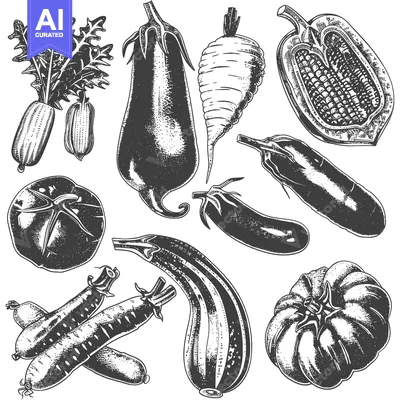 Aset premium populer: Hand-Drawn Black and White Illustration of Assorted Vegetables