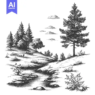 Aset desain premium: Hand-Drawn Black and White Illustration of a Stream Through a Forest L