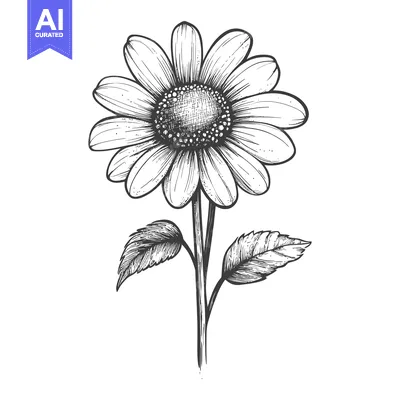 Aset desain premium: Hand-drawn Black and White Illustration of a Sunflower